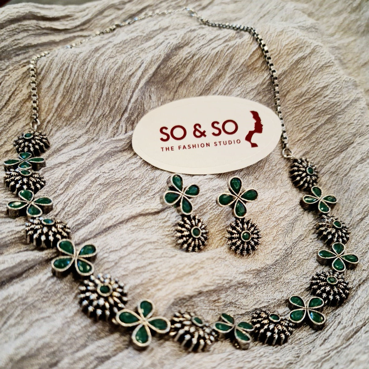 Oxidised Kundan stone Necklace Set - Green #8304