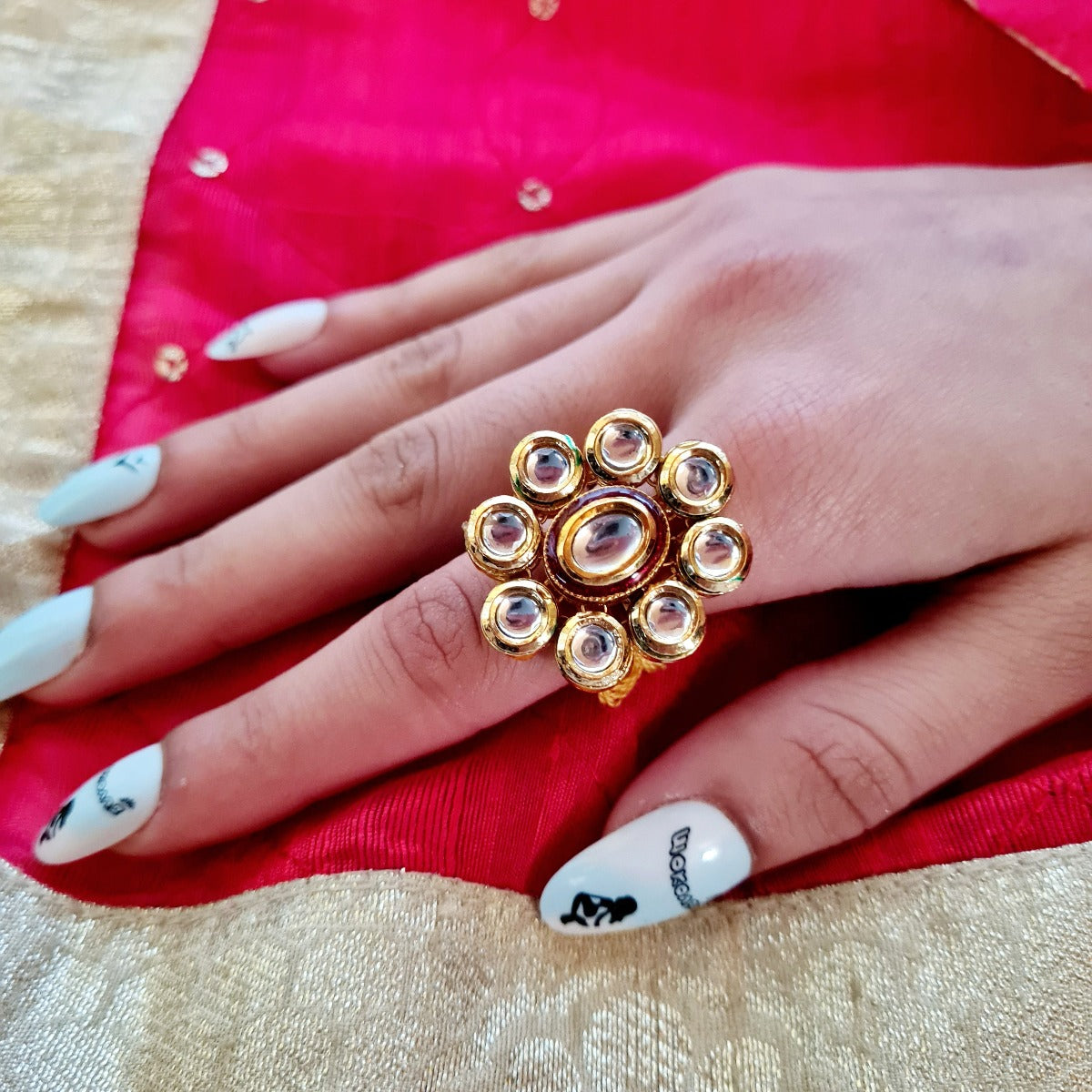 White Kundan Ring #8219