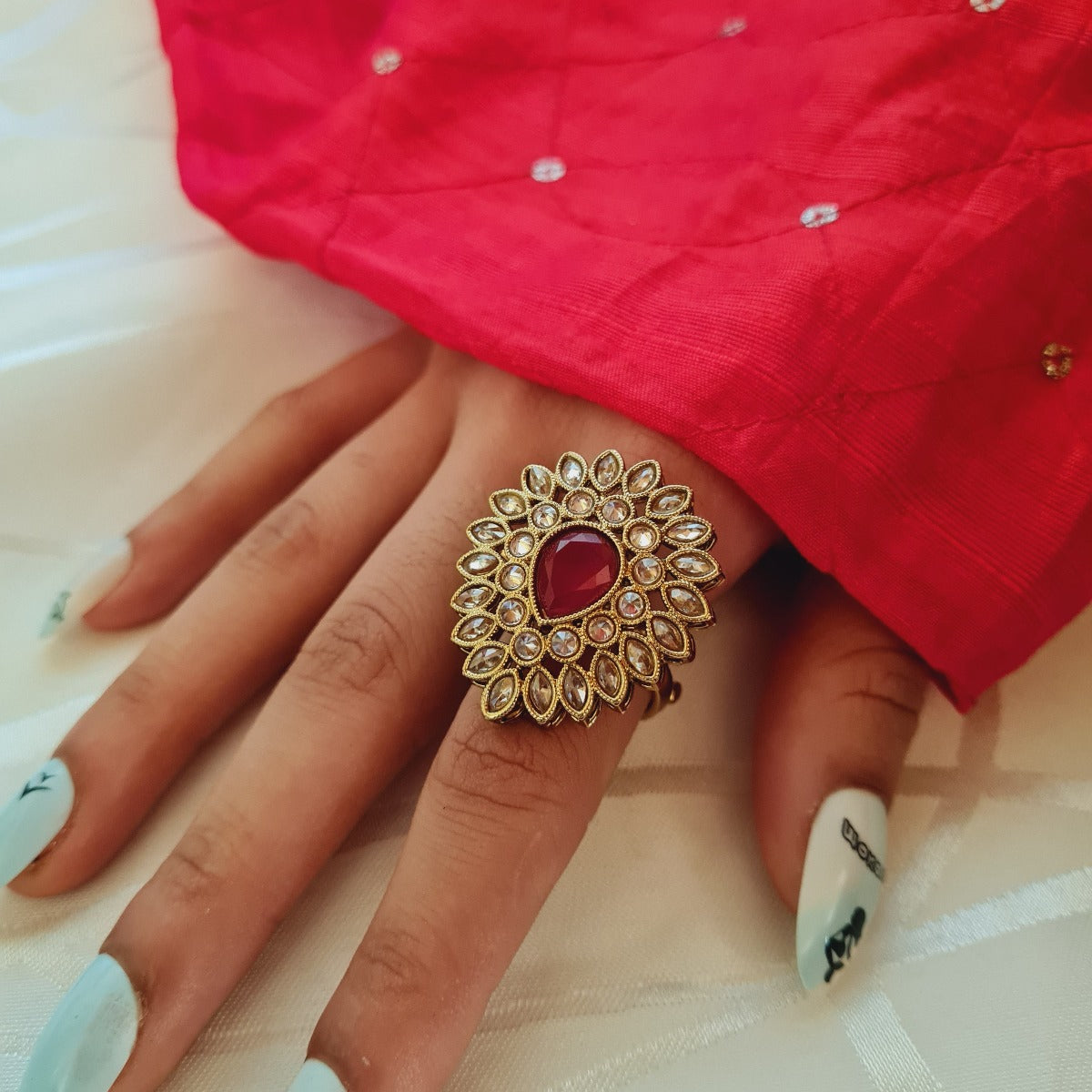 Kundan Ring White and Red Stones #8216