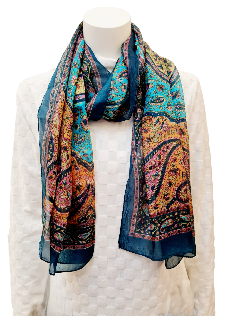 PURE SILK Blue+Orange Print Scarf #1305