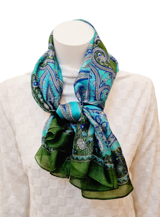 PURE SILK Blue Print with Green Border Scarf #1303