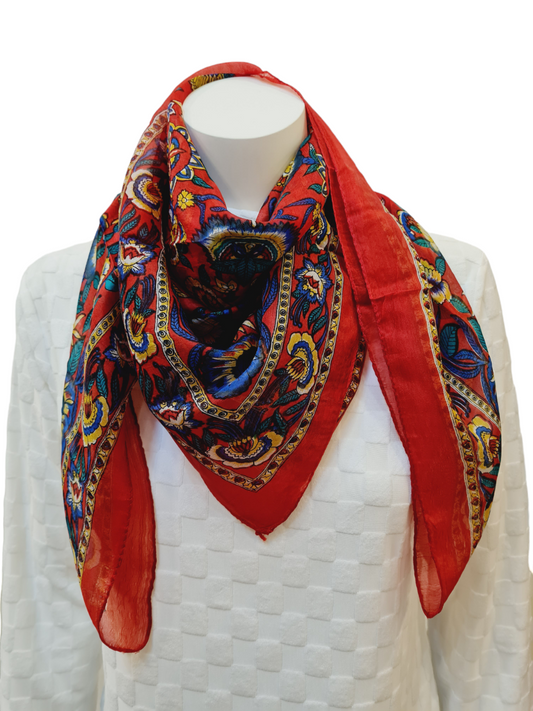 PURE SILK Red+ Blue Print Scarf #1301