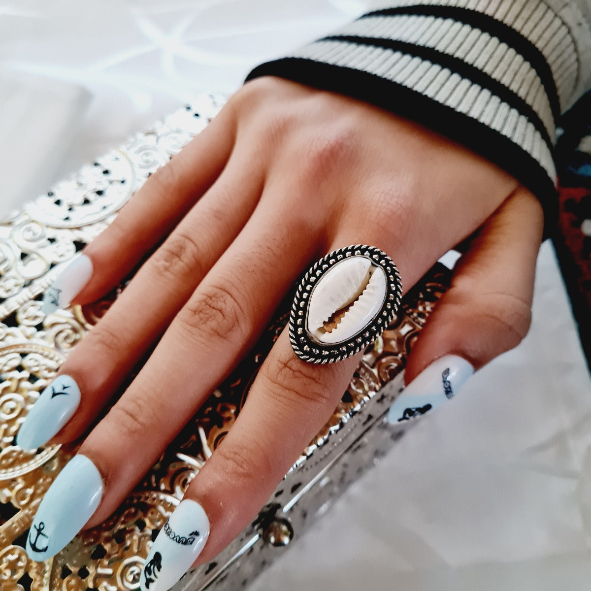 Oxidised Cowrie shell ring #8223